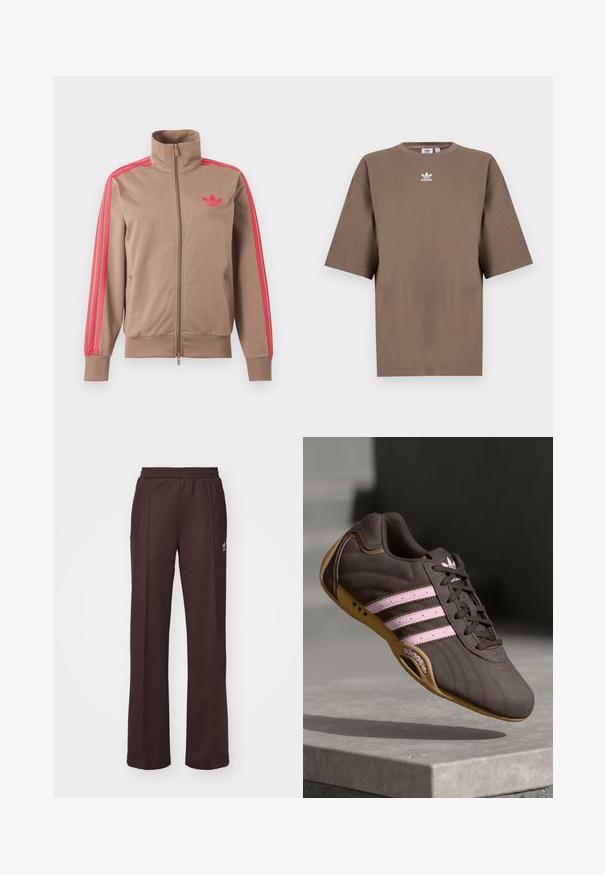 Svetlohnedá športová bunda na zips s vysokým golierom, ružové pruhy na rukávoch a ružové logo Adidas na ľavej strane hrude.; Hnedé bavlnené tričko s krátkymi rukávmi, okrúhlym výstrihom a bielym logom Adidas umiestneným na hrudi, s jednoduchým dizajnom a voľným strihom.; Hnedé športové nohavice s elastickým pásom, dvoma bočnými vreckami a malým logom na ľavej strane, vyrobené z mäkkej látky.; Hnedé semišové športové topánky s ružovými pruhmi a logom, s textúrovaným vrchom, šnurovaním a gumovou podrážkou.