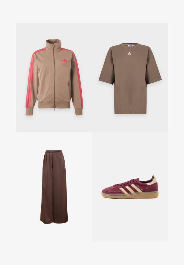 Svetlohnedá športová bunda na zips s vysokým golierom, ružové pruhy na rukávoch a ružové logo Adidas na ľavej strane hrude.; Hnedé bavlnené tričko s krátkymi rukávmi, okrúhlym výstrihom a bielym logom Adidas umiestneným na hrudi, s jednoduchým dizajnom a voľným strihom.; adidas Originals Tepláky - auburn cream white; Nízky profil bordových semišových tenisiek s béžovými pruhmi Adidas, gumovou podrážkou a zlatým nápisom „Spezial“ na boku, zobrazených na bielom pozadí.