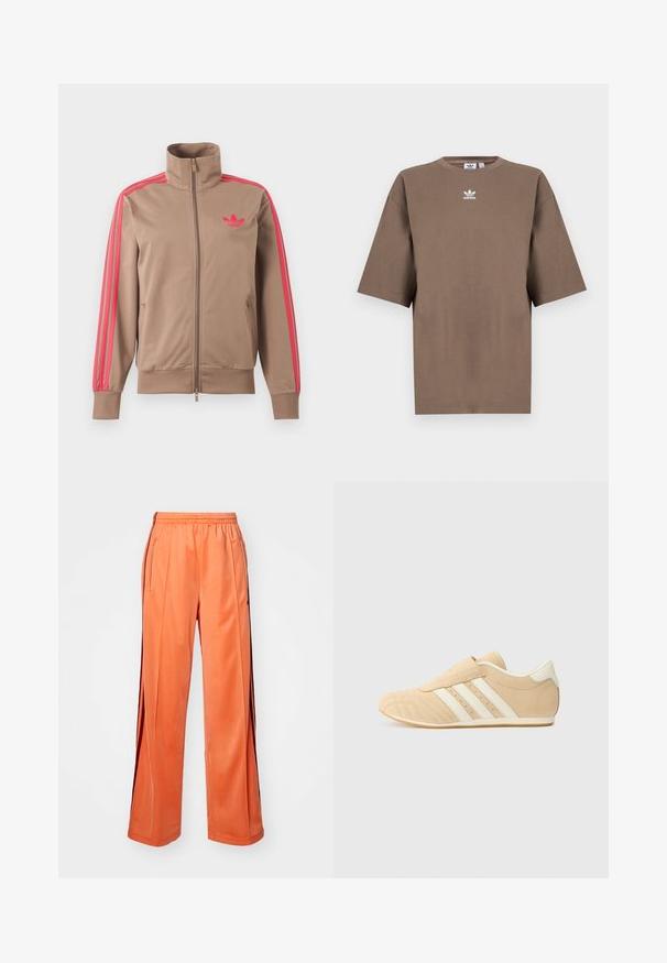 Lichtbruine trackjas met rits en hoge kraag, roze strepen op de mouwen en roze Adidas-logo op de linkerborst.; Bruine katoenen t-shirt met korte mouwen, ronde hals en wit Adidas-logo gecentreerd op de borst, met een eenvoudige uitstraling en een relaxte pasvorm.; Oranje sportbroek van soepel materiaal, met een wijd pijpdesign, elastische tailleband en contrasterende zijstrepen.; Tan en crèmekleurige sportschoenen met een leren bovenwerk, drie witte strepen aan de zijkant en een ronde neus. Textured bovenwerk met perforaties.