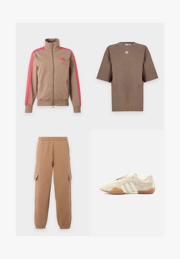 Lichtbruine trackjas met rits en hoge kraag, roze strepen op de mouwen en roze Adidas-logo op de linkerborst.; Bruine katoenen t-shirt met korte mouwen, ronde hals en wit Adidas-logo gecentreerd op de borst, met een eenvoudige uitstraling en een relaxte pasvorm.; Tan cargobroeken van zachte stof met een elastische tailleband, opgesneden enkels en zijzakken, met een klein logo-detail.; Lage beige sneaker met drie witte strepen, gestructureerde suède zijpanelen, rubberen zool en vetersluiting op een effen achtergrond.