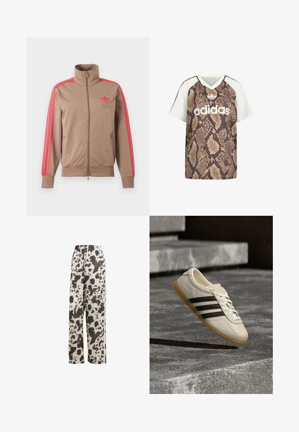 Chaqueta deportiva marrón claro con cremallera y cuello alto, rayas rosas por las mangas y logo rosa de Adidas en el pecho izquierdo.; Camiseta Adidas de manga corta con cuello en V, mangas blancas y cuerpo con estampado de serpiente marrón, con logo blanco de Adidas y emblema de trébol en el frente.; adidas Originals COW PRINT SATIN WIDE LEG - Pantalones deportivos - multicolor off white; Zapatilla blanca con rayas negras y suela de goma suspendida sobre escaleras de hormigón en luz diurna suave.