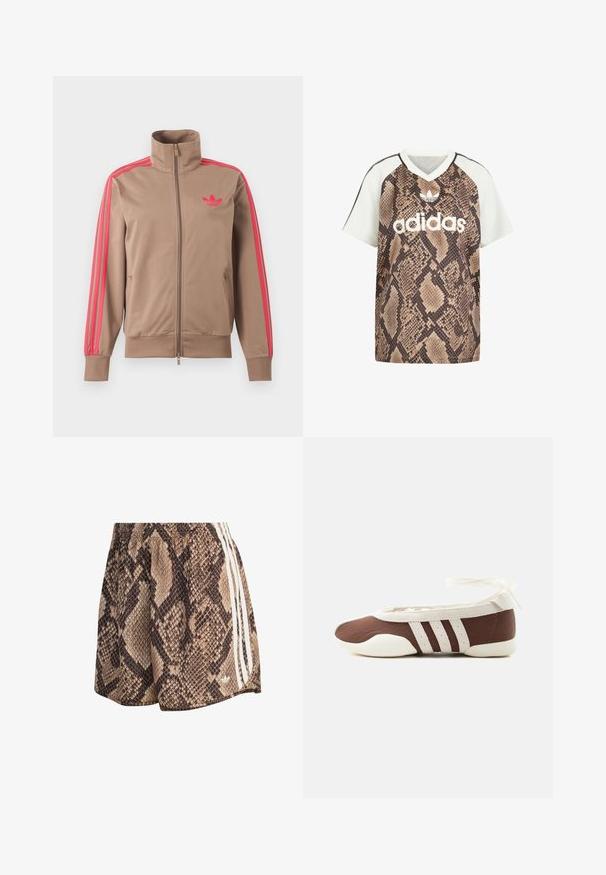 Gaiši brūna sporta jaka ar rāvējslēdzēju un augstu apkakli, rozā svītras uz piedurknēm un rozā Adidas logo kreisajā krūtī.; Adidas īsroku krekls ar V veida izgriezumu, baltiem piedurknēm un brūnu čūskas raksta ķermeni, priekšpusē ar baltu Adidas logotipu un trifoiļa emblēmu.; Brūnas un bēšs īss izstrādājums ar čūskas rakstu, elastīgu jostas daļu un trim baltām vertikālām svītrām sānos.; Brūnas un balts baleta apavu pāris ar trim baltām svītrām un loku potītes siksniņā uz gaišas vienkāršas fona.