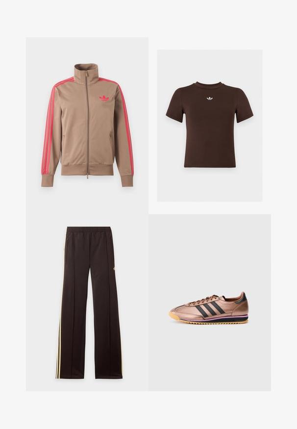 Svetlohnedá športová bunda na zips s vysokým golierom, ružové pruhy na rukávoch a ružové logo Adidas na ľavej strane hrude.; Hnedé priliehavé tričko s krátkym rukávom a malým bielym logom Adidas umiestneným v strede pod výstrihom.; Čierne tepláky so žltými bočnými pruhmi, elastickým pásom, bočnými vreckami na zips a malým logom na hornej časti stehna.; Bronzová atletická obuv s tromi čiernymi pruhmi, hladký povrch, dizajn na šnurovanie, kontrastná svetlohnedá podrážka s fialovým akcentom, retro štýl.