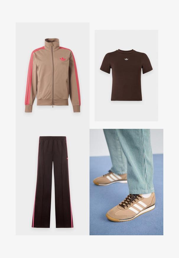 Svetlohnedá športová bunda na zips s vysokým golierom, ružové pruhy na rukávoch a ružové logo Adidas na ľavej strane hrude.; Hnedé priliehavé tričko s krátkym rukávom a malým bielym logom Adidas umiestneným v strede pod výstrihom.; Čierne športové nohavice s ružovými bočnými pruhmi, elastickým pásom, vreckami so zipsom a logom Adidas na ľavom stehne.; Svetlé semišové a sieťovinové tenisky s hnedými šnúrkami a tromi bielymi pruhmi. V kombinácii so zelenými a bielymi pruhovanými nohavicami, položené na modrom povrchu.
