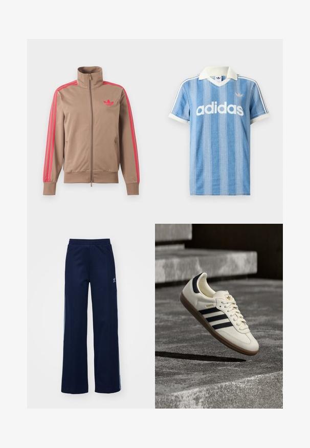Hellbraune Trainingsjacke mit Reißverschluss und hohem Kragen, pinke Streifen an den Ärmeln und pinkes Adidas-Logo auf der linken Brust.; Hellblaues Poloshirt mit kurzen Ärmeln und vertikalen Streifen, weißen Akzenten und auffälligem weißen "adidas"-Logo auf der Vorderseite.; Helleblaue Baumwollmischung Trainingshosen mit weit geschnittenem Design, elastischem Bund und Reißverschlusstaschen, mit weißen Seitenstreifen und Logodetails.; Weißer Adidas Samba Sneaker mit schwarzen Streifen und Gummisohle, schwebend über strukturierten grauen Betontreppen.