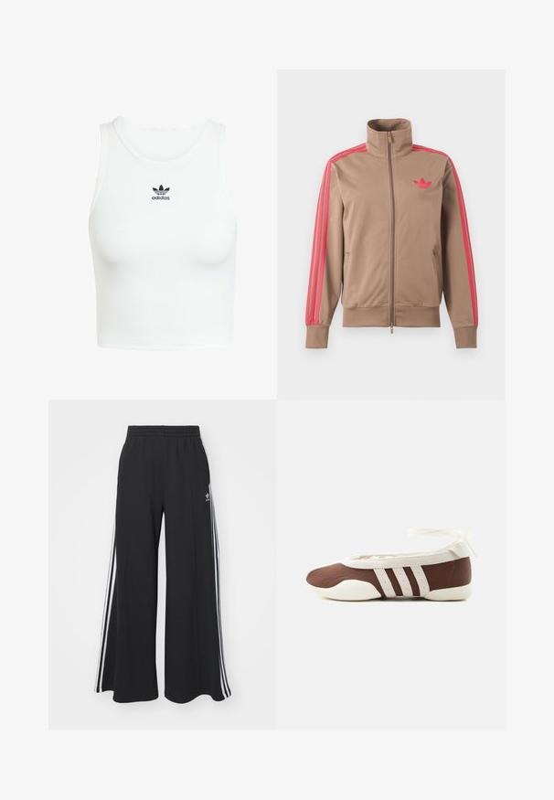Vaaleanruskea vetoketjullinen urheilutakki, jossa korkea kaulus, vaaleanpunaiset raidat hihoissa ja vaaleanpunainen Adidas-logo vasemmassa rinnassa.; Valkoinen puuvillainen tanktoppi, jossa on tiukka ribbitettu rakenne, pyöreä pääntie ja edessä brodeerattu musta Adidas-logo.; Mustat leveälahkeiset housut, joissa on joustava vyötärönauha, kolme valkoista raitaa sivuilla ja pieni logo edessä.; Ruskea ja valkoinen balettikenkiä, joissa on kolme valkoista raitaa ja nilkkasolmulla varustettu nauha, yksinkertaisella vaalealla taustalla.