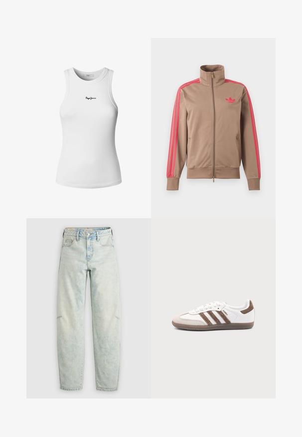 Lysebrun trackjakke med lynlås og høj krave, lyserøde striber ned ad ærmerne og lyserødt Adidas-logo på venstre bryst.; Hvid ribstrikket tanktop med rund halsudskæring og ærmeløs design. Har en lille sort "Pepe Jeans"-logo broderet på forsiden.; Lyseblå slidte denimjeans med en afslappet pasform, der har fem lommer, en knaplukning og falmet, let tekstureret stof hele vejen gennem.; Hvid Adidas Samba sneaker med brune ruskindstriber, brun gummisål og beige ruskindståhætte, vist fra ydersiden på en ensfarvet baggrund.