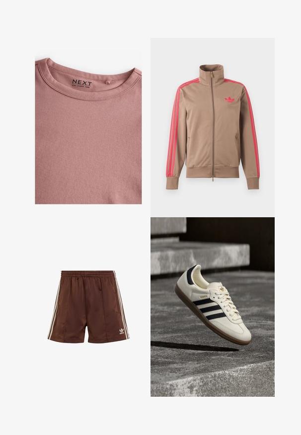 Chaqueta deportiva marrón claro con cremallera y cuello alto, rayas rosas por las mangas y logo rosa de Adidas en el pecho izquierdo.; Camiseta de manga larga en color rosa polvoriento, hecha de algodón suave, con un sencillo cuello redondo y una textura lisa. La etiqueta dice "NEXT."; Pantalones cortos deportivos marrones hechos de una tela suave con un corte relajado, que presentan franjas laterales blancas y un logo bordado en el bajo izquierdo.; Zapatilla blanca Adidas Samba con franjas negras y suela de goma, flotando sobre escalones de hormigón gris texturizado.