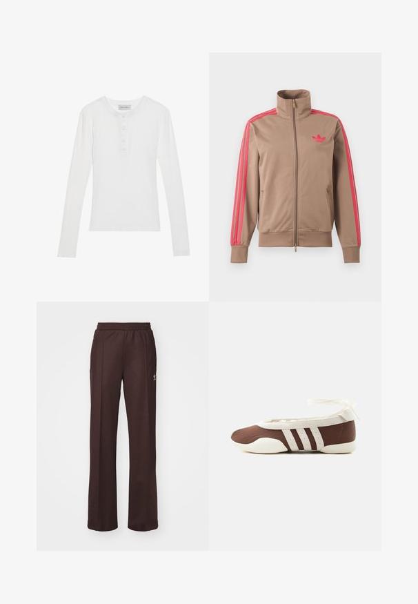 Lysebrun trackjakke med lynlås og høj krave, lyserøde striber ned ad ærmerne og lyserødt Adidas-logo på venstre bryst.; Hvid langærmet skjorte med ribbet tekstur, rund halsudskæring, tre-knaps placket og blødt stof. Mærkets label er synlig ved kraven.; Brune træningsbukser med elastisk talje, to sidelommer og et lille logo på venstre side, lavet af et blødt stof.; Brun og hvid balletflad sko med tre hvide striber og ankelbånds sløjfe på en ensartet lys baggrund.