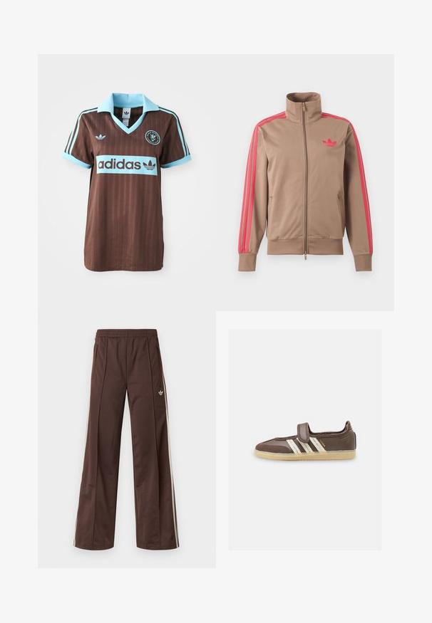 Lichtbruine trackjas met rits en hoge kraag, roze strepen op de mouwen en roze Adidas-logo op de linkerborst.; Bruine sporttrui met een lichtblauwe kraag en gestreepte accenten. Het "Adidas" logo is prominent op de borst afgebeeld.; Bruine sportbroek met een wijd uitlopende pijp, witte zijstrepen, een elastische tailleband en twee zijzakken. Heeft een klein logo op het been.; Bruine sneaker met crèmekleurige Adidas-strepen, klittenbandsluiting en gumzool, zijaanzicht op witte achtergrond.