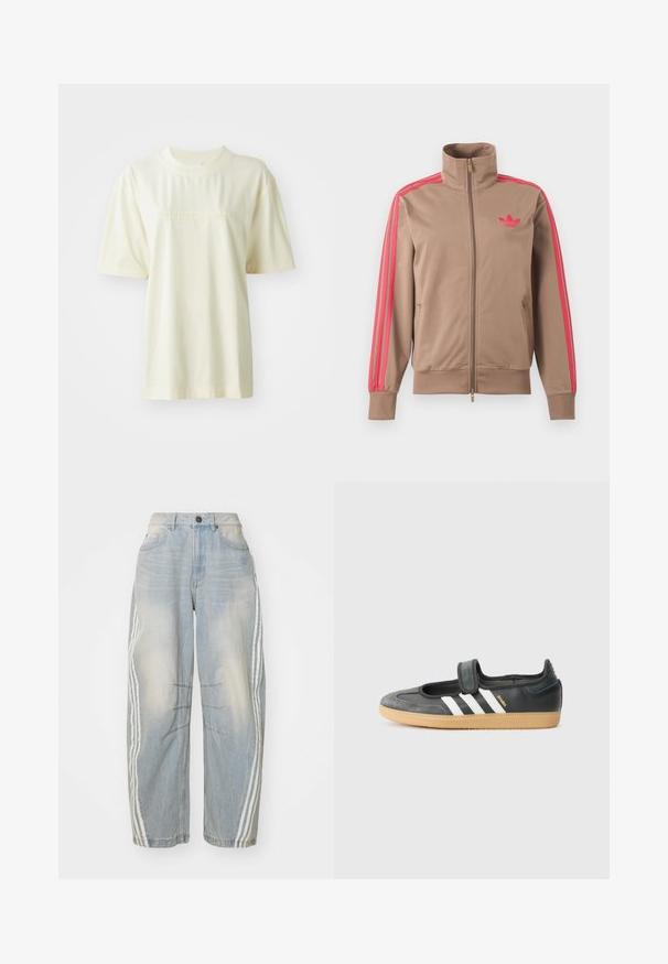 Lichtbruine trackjas met rits en hoge kraag, roze strepen op de mouwen en roze Adidas-logo op de linkerborst.; Romiggekleurig katoenen T-shirt met een ronde hals, korte mouwen en een reliëf "adidas" logo op de borst. Gladde textuur en relaxte pasvorm.; Lichtblauwe denim jeans met een losse pasvorm, voorzien van witte strepen aan de zijkanten, verweringdetails en een knoopsluiting in de taille.; Zwarte leren en suède sneaker met een klittenbandsluiting, voorzien van drie witte strepen en een gumzool, met de naam "SAMBA" aan de zijkant.