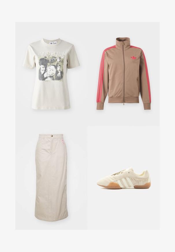 Lichtbruine trackjas met rits en hoge kraag, roze strepen op de mouwen en roze Adidas-logo op de linkerborst.; Beige katoenen t-shirt met een ronde hals. Voorzien van een grafische print met personages en tekst uit "Buffy", in zwart en grijstinten.; Beige gestreepte rok met een hoge taille, verborgen rits en metalen knoopsluiting. Inclusief een klein merklabel aan de voorkant.; Lage beige sneaker met drie witte strepen, gestructureerde suède zijpanelen, rubberen zool en vetersluiting op een effen achtergrond.