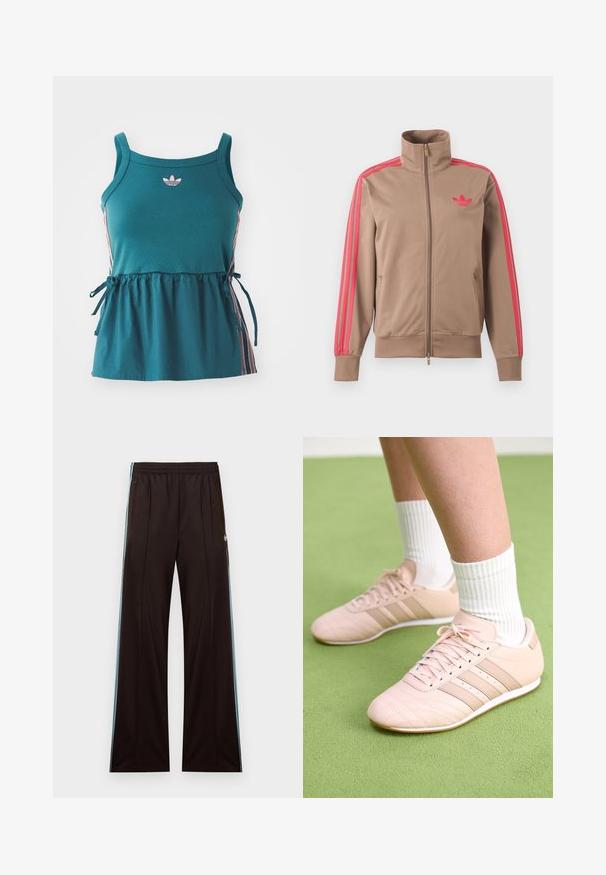 Svetlohnedá športová bunda na zips s vysokým golierom, ružové pruhy na rukávoch a ružové logo Adidas na ľavej strane hrude.; Tyrkysový bezrukávový top so zhromaždeným pásom, ružovými bočnými pruhmi a vyšitým logom. Vyrobený z mäkkého materiálu s voľným strihom a viazanými detailmi.; Čierne široké teplákové nohavice s svetlomodrými bočnými pruhmi, elastickým pásom, vreckami na zips a logom Adidas na ľavom bedre.; Svetloružové športové topánky s diagonálnym šitím, bielymi podrážkami a tromi bočnými pruhmi. Nosené s rebrovanými bielymi ponožkami na zelenej ploche.