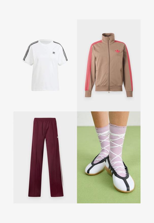 Svetlohnedá športová bunda na zips s vysokým golierom, ružové pruhy na rukávoch a ružové logo Adidas na ľavej strane hrude.; Biela bavlnená tričko so krátkymi rukávmi, okrúhlym výstrihom a čiernymi vertikálnymi pruhmi na ramene, s malým čiernym logom na hrudi.; Vínové teplákové nohavice s elastickým pásom, bočnými vreckami na zips, bielymi bočnými pruhmi a malým bielym logom Adidas na pravej stehne.; Nohy v rebrovaných levanduľových ponožkách s bielymi krížovými pásmi v kombinácii s bielymi baletnými papučkami s čiernym lemom na zelenej podlahe.