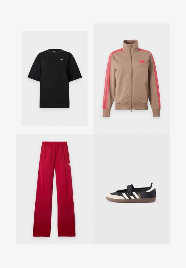 Helepruun lukuga spordijakk kõrge kraega, roosad triibud varrukatel ja roosa Adidas logo vasakul rinnal.; Mustad lühikeste varrukatega ümara kaelusega T-särk, mille vasakul rinnal on väike valge Adidas Trefoil logo, esitatud ühtlasel heledal taustal.; Punased laia lõikega jooksupüksid elastse vööga, külgedel lukuga taskud, valged triibud külgedel ja väike valge logo vasakul reiel.; Must ja beež vabaajajalats klõpsrihmaga, küljele on kolm valget triipu ning pruun tekstuuriga kummist tald. Brändi logo on nähtav.
