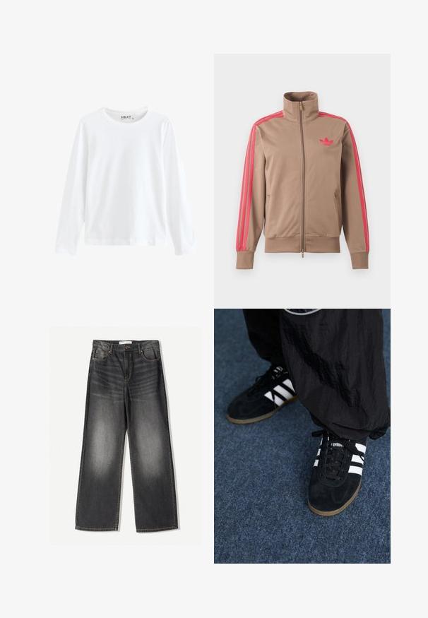 Lysebrun trackjakke med lynlås og høj krave, lyserøde striber ned ad ærmerne og lyserødt Adidas-logo på venstre bryst.; Hvid langærmet T-shirt lavet af bomuld med rund hals og enkelt design, med en jævn tekstur og ingen synlige mønstre eller accenter.; Mørkegrå brede jeans lavet af denim, med fem lommer, en frontlynlås og kontrastfarvet syninger langs sømmene.; Sorte suedetrainingssko med tre hvide striber og sorte snørebånd. Et tekstureret sort bukser er delvist synligt ved siden af skoene.