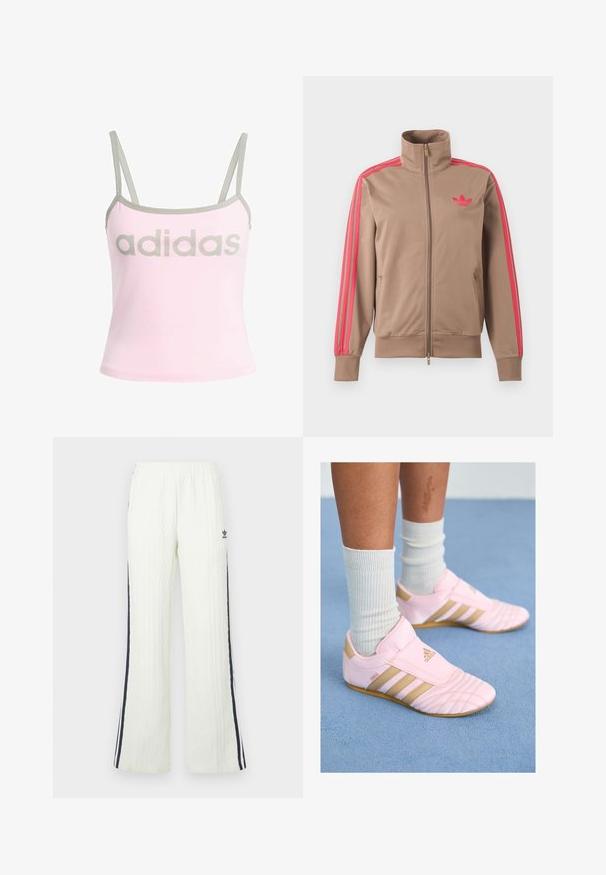 Lichtbruine trackjas met rits en hoge kraag, roze strepen op de mouwen en roze Adidas-logo op de linkerborst.; Lichtroze tanktop met grijze details en verstelbare spaghettibandjes, met een groot, gecentreerd grijs "adidas" logo. Katoenen materiaal.; Lichtcrèmekleurige, kabelgebreide broek met een uitlopende pasvorm. Voorzien van donkerblauwe zijstrepen en een Adidas-logo op de heup. Elastische tailleband.; Roze sportieve schoenen met gouden accenten, textuur aan de voorkant en een ontwerp met drie strepen. Draagt met geribbelde witte sokken. Plat rubberen zool.