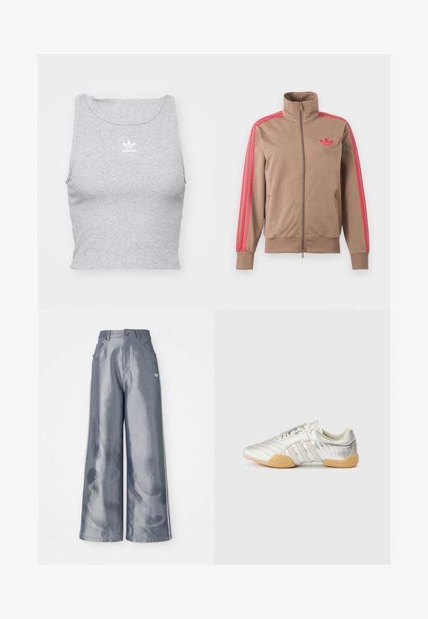 Hellbraune Trainingsjacke mit Reißverschluss und hohem Kragen, pinke Streifen an den Ärmeln und pinkes Adidas-Logo auf der linken Brust.; Graues, ärmelloses Crop-Top aus weichem Stoff, mit Rundhalsausschnitt und kleinem weißen Adidas-Logo auf der Brust.; Weite Hose aus glänzendem grauem Material, ausgestattet mit weißen seitlichen Streifen und einem Flammenmuster an den Unterschenkeln. Knopf- und Reißverschlussverschluss an der Taille.; Silberner Sportschuh mit glattem Lederobermaterial, Gummisohle und strukturierten Akzenten. Verfügt über ein geschwungenes Design und tonale Schnürsenkel.