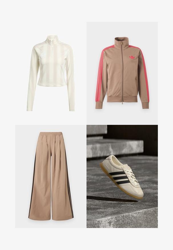 Lichtbruine trackjas met rits en hoge kraag, roze strepen op de mouwen en roze Adidas-logo op de linkerborst.; Witte langesleeve zip-up top met hoge kraag, met subtiele verticale strepen en logo-accenten op de borst en mouw. Zachte stofstructuur.; Beige broek met wijde pijpen, elastische tailleband en zwarte strepen aan de buitenzijde van elk been.; Witte sneaker met zwarte strepen en rubberen zool zwevend boven betonnen trap in zacht daglicht.
