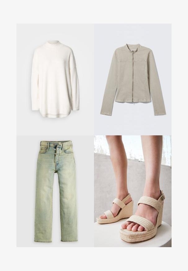 Beige langærmet jakke med lynlås foran, rund krave og synlige syningsdetaljer, lagt fladt på en lys baggrund.; Hvid strikket sweater med ribstrikket høj hals, sænkede skuldre og sideslidser ved kanten. Fremstillet af blødt, struktureret stof.; Lyseblå denimjeans med lige ben, fem-lomme stil og knaplukning. Blød tekstur og falmet finish.; Beige wedge sandaler med dobbelt strop i stof, vævet tekstur og en glat bund. Har en spændeaccent for sikker pasform.