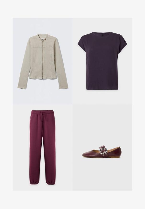 Beige lange mouwen jas met voorrits, ronde kraag en zichtbare stiksel details, plat gelegd op een lichte achtergrond.; Donkerpaarse T-shirt met korte mouwen, omgeslagen mouwen en een ronde hals, getoond op een effen lichte achtergrond.; Donkerpaarse joggingbroek met een elastische tailleband en trekkoord, taps toelopende pijpen en elastische boorden bij de enkels.; Bordeaux leren balletflat met puntige neus, brede band met een zilveren gesp en meerdere gaten, platte zool, gladde textuur.