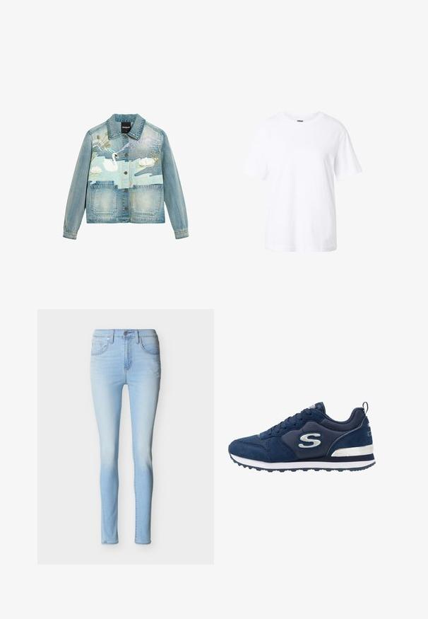 Denimjakke med knaplukning, med broderet hvid svane, lyserøde vandliljer, kæruld og bjerge i bløde pastelfarver.; Enkelt hvid t-shirt med korte ærmer og rund hals, afslappet pasform og lille label inde i kraven.; Lyseblå slim-fit jeans med knap og lynlås foran samt fem-lommer-design på en ensfarvet baggrund.; Mørkeblå sportssko lavet af ruskind og mesh-materialer, med et fremtrædende sølvlogo, struktureret overdel og en hvid mellemsål.