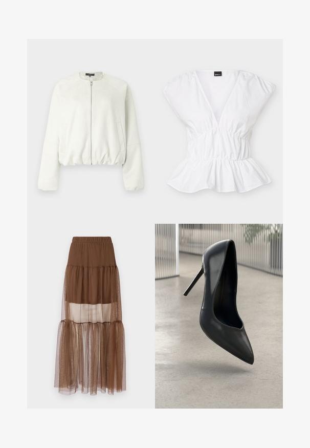 Chaqueta corta blanca hecha de ante suave con cierre frontal de cremallera, mangas raglán y dos bolsillos laterales. Textura suave, diseño minimalista.; Blusa blanca de manga corta con escote profundo en V, cintura elástica y bajo con volante, extendida sobre un fondo blanco.; Falda marrón de capas con una cinturilla elástica, que presenta una mezcla de capas de tela opaca y transparente, creando una apariencia suave y texturizada.; Zapato de tacón alto de cuero negro con punta afilada, diseño elegante y sin herrajes visibles. Textura suave y estilo minimalista.