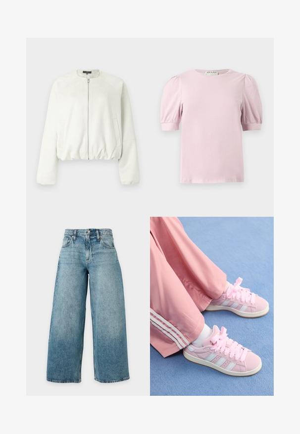 Chaqueta corta blanca hecha de ante suave con cierre frontal de cremallera, mangas raglán y dos bolsillos laterales. Textura suave, diseño minimalista.; Blusa de manga corta de color rosa claro con mangas abullonadas y escote redondo, mostrada sobre un fondo blanco.; Vaqueros de mezclilla azul claro de tiro alto con corte de pierna ancha, cinco bolsillos, trabillas para cinturón y bragueta de botones, mostrados sobre un fondo sencillo.; Zapatillas deportivas rosas con rayas azul claro, puntera redonda y cordones gruesos rosas, combinadas con pantalones de chándal rosas que tienen rayas laterales blancas.