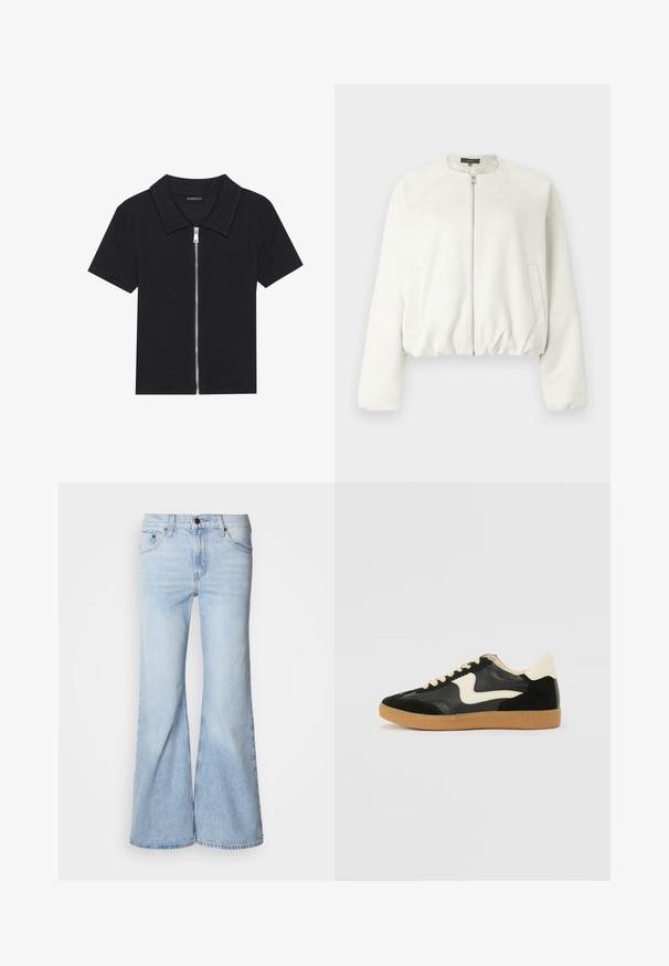 Kort, hvid jakke lavet af blød ruskind med lynlås foran, raglanærmer og to sidelommer. Glat tekstur, minimalistisk design.; Sort kortærmet polo skjorte med ribbet tekstur, med en lynlåslukning front og en spidse krave. Enkel design med minimale accenter.; Lyseblå vidde jeans med højtaljet design, lavet af denimstof, fem lommer og knaplukning. Benene er vide og har en let falmet finish.; Sorte ruskinds- og lædersneakers med en cremefarvet side-swoosh og lys cremefarvet hæl. Har beige snørebånd og en gummirubber-sål.