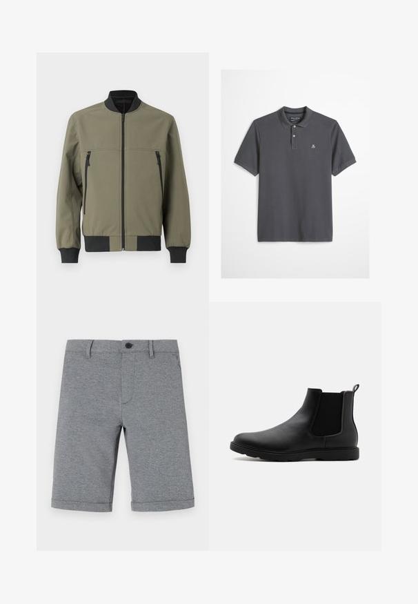 TOM TAILOR DENIM Μπουφάν τύπου bomber - jungle soil green; Σκούρο γκρι πόλο με κοντά μανίκια, δύο λευκά κουμπιά και μικρό λευκό λογότυπο "M OP" στο αριστερό στήθος.; Γκρίζες σορτς μέχρι το γόνατο φτιαγμένες από υφασμένο ύφασμα, με κούμπωμα, μία μπροστινή τσέπη και προσεκτικά ρολλαρισμένα τελειώματα.; Μαύρο δερμάτινο μποτάκι Chelsea με ελαστικά πλαινά, λοξό τακούνι και ανθεκτική ξύλινη σόλα. Λείος υφή και ροή σχεδίασης.