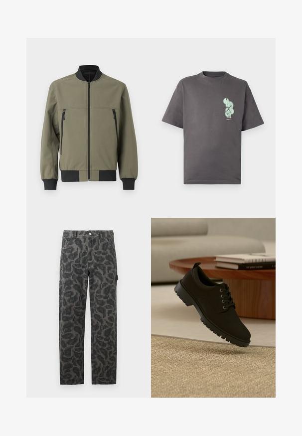 TOM TAILOR DENIM Bomberjakke - jungle soil green; Grå bomulds t-shirt med rund hals, korte ærmer, udstyret med et mintgrønt grafisk design på venstre brystområde.; Sort og grå pixeliseret camouflage bukser med lige ben, frontlommer og knaplukning.; sort læder snørestøvle med chunky sål svæver over en beige tæppe i en minimalistisk stueindretning