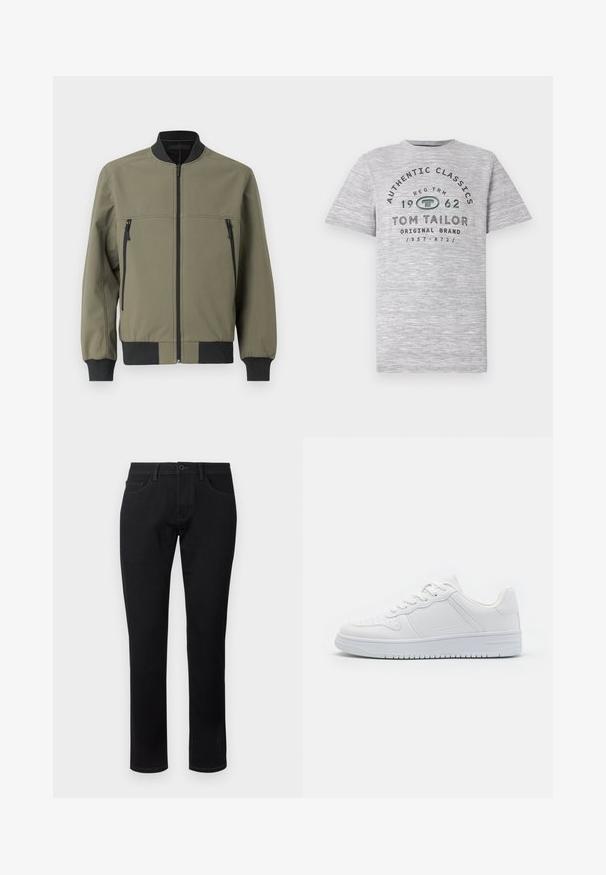 TOM TAILOR DENIM Μπουφάν τύπου bomber - jungle soil green; Γκρι κοντομάνικο μπλουζάκι με τύπωμα "Αυθεντικά Κλασικά 1962" και "Tom Tailor" σε αντίθεση σκούρου πράσινου και μαύρου χρώματος.; TOM TAILOR TTJOSH REGULAR SLIM FIT - Jeans Tapered Fit - black denim; Λευκά αθλητικά παπούτσια από λείο συνθετικό υλικό, με επίπεδους κορδόνια, τρυπητή μύτη και καουτσούκ σόλα με υφή αντιολισθητικού σχεδίου.