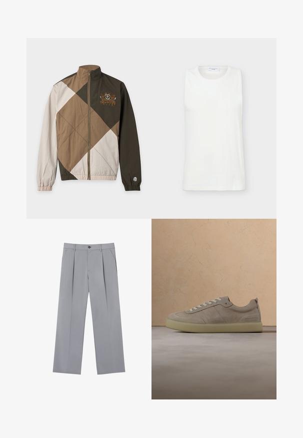 Veste avec fermeture éclair devant en blocs de couleurs géométriques beige, marron et vert foncé, avec le logo Billionaire Boys Club sur la poitrine et la manche.; Haut blanc sans manches à col rond en tissu lisse, présenté à plat sur un fond clair.; Pantalons plissés gris à coupe décontractée, en tissu léger. Comprend des poches avant et une fermeture à bouton à la taille.; Baskets en daim beige avec lacets blancs flottant au-dessus d'un tapis beige texturé, une table ronde en bois et des livres dans un salon aux tons neutres.