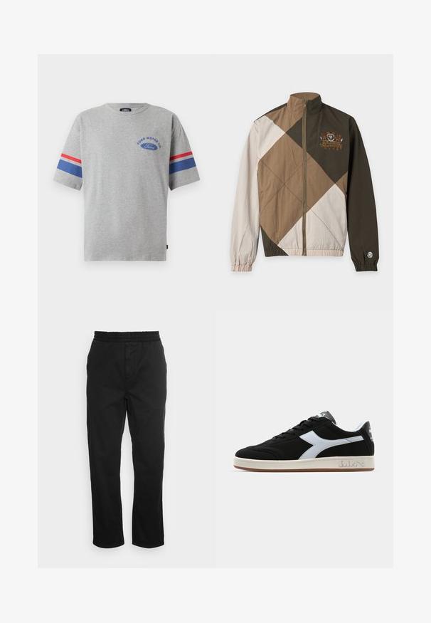 Jakke med frontlynlås i beige, brun og mørkegrønne geometriske farveblokke, med Billionaire Boys Club-logo på bryst og ærme.; Grå bomulds t-shirt med korte ærmer, prydet med blå og røde striber på ærmerne og "Ford Motor Co" logo i blå på brystet.; Sorte bomuldsbukser med elastisk talje, lige ben og sidelommer. Glat tekstur uden mønstre eller accenter.; Sorte atletiske sneakers med en hvid diagonal stribe, tekstureret stof, rund tå og gummisål. Har et logo på tungen og siden.