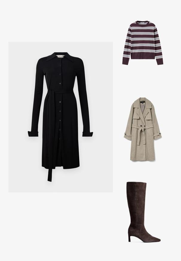 Lichtgrijze wollen trenchcoat met een ceintuur in de taille, een brede kraag, twee voorzakken en knoopmanchetten. Beschikt over een klassiek ontwerp.; Trui met lange mouwen en ronde hals, met horizontale witte en lichtblauwe strepen op een donkerpaarse achtergrond.; Zwarte lange mouwen jurk van gladde stof, met een knopenlijst aan de voorkant, kraag en een tailleband. Knoopmanchetten en een jurk die tot de knie komt.; Bruine suede kniehoge laars met een puntige neus en een hak van 7,5 cm. Glad textuur, slanke silhuet en minimalistisch ontwerp.