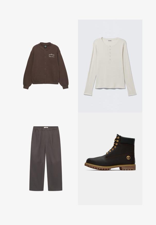 Braune Sweatshirtjacke mit rundem Kragen, Druckknopfverschluss, Seitentaschen und weißer Stickerei mit dem Text "Steelbrook State Uni." auf der Vorderseite.; Langärmeliges cremefarbenes Henley-Shirt mit rundem Ausschnitt und Fünf-Knopf-Leiste, mit dem Label Weekday, auf einem neutralen Hintergrund flach ausgelegt.; Graue, weite Hosen aus glattem Stoff, mit einem Knopfverschluss und zwei seitlichen Taschen. Einfaches, klares Design ohne sichtbare Muster.; Schwarze Leder-Ankle-Boots mit goldenen Ösen, braunen Akzenten und einer Gummisohle. Verfügt über einen gepolsterten Schaft und ein geprägtes Logo an der Seite.