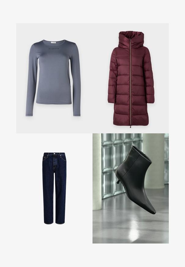 Manteau en duvet bordeaux avec un col haut, des coutures horizontales, une fermeture éclair et une capuche amovible ; possède une texture lisse et brillante.; Chemise grise à manches longues en matière douce, dotée d'un col rond et du mot "BLANCHE" imprimé en noir sur la poitrine.; Jeans en denim bleu foncé avec une coupe droite, dotés d'une taille haute, d'un style à cinq poches et de coutures contrastantes. Sans embellissements.; Bottine en cuir noir à bout pointu et petit talon kitten, présentée en angle devant un sol poli et un mur en blocs de verre.