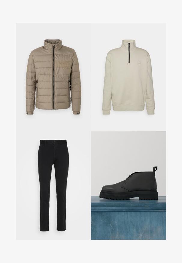 Gepolsterte Jacke in Hellbraun, mit hohem Kragen, Frontreißverschluss und Seitentaschen. Strukturierter Stoff mit horizontalen Nähten und Logo-Akzent.; Hellebeige Pullover-Sweatshirt mit hohem Kragen, halbseitigem Reißverschluss vorne und einem quadratischen Logo-Patch auf der Brust. Weiches Baumwollmischgewebe.; Schwarze Baumwoll-Chinos mit schmaler Passform, ausgestattet mit einem normalen Bund, seitlichen Taschen und einer Gesäßtasche. Glatte Textur und minimalistische Gestaltung.; Schwarze Leder-Stiefelette mit strukturiertem Obermaterial, Schnürdesign und klobiger Gummisohle mit tiefem Profil für besseren Halt.