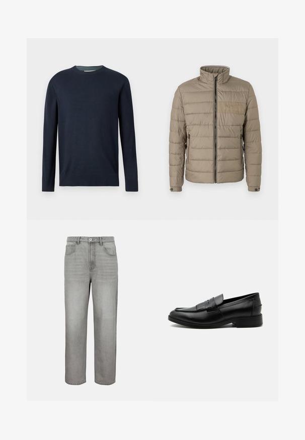 Padded jacket v svetlo hnedej farbe, s vysokým golierom, predným zipsom a bočnými vreckami. Texturovaná tkanina s horizontálnym šitím a logom ako akcentom.; Morská modrá mikina s okrúhlym výstrihom a dlhými rukávmi, s rebrovanými manžetami a lemom, vystavená na jednoduchom svetlom pozadí.; Svetlošedé rifle s rovnými nohavicami, s predným gombíkom, zipsovým zapínaním, pútkami na opasok a prednými aj zadnými vreckami na jednoduchom pozadí.; Čierny kožený pánsky mokasín s detailom strapcov, zaoblenou špičkou, nízkym podpätkom a hladkým lešteným povrchom, zobrazený zboku na bielom pozadí.