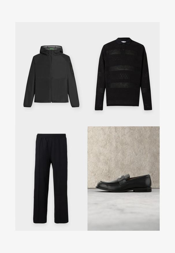 BOSS OW VISIT - Veste légère - black; Polo noir à manches longues avec des rayures horizontales texturées et semi-transparentes, doté d'une patte à deux boutons, sur fond blanc.; Pantalons noirs à jambes droites avec taille élastique et coutures verticales sur le devant, sur un fond blanc uni.; Mocassin en cuir noir avec une plaque de marque en métal reposant près d'une table ronde marron sur un sol recouvert de moquette beige.