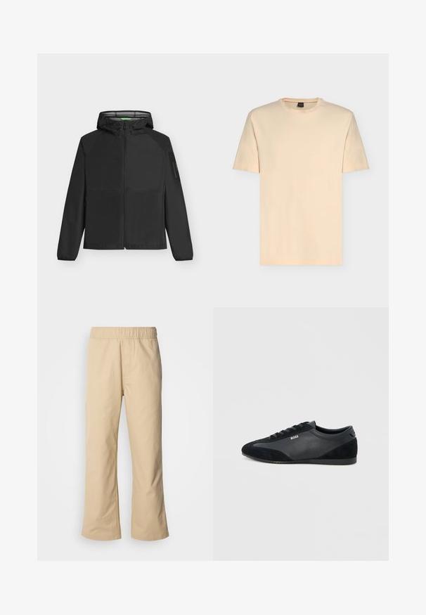 BOSS OW VISIT - Suvejakk - black; Hele beež lühikeste varrukatega T-särk ümara kaelusega ja peene "BOSS" logoga rinnal keskel.; Beežid laiad püksid elastse vöökoha ja siledast puuvillakangast, küljetaskute ja sirge siluetikujuga.; Mustad madala säärega paeltega tossud, nahast ja seemisnahast detailidega, lameda tallaga ning BOSS logo küljel.