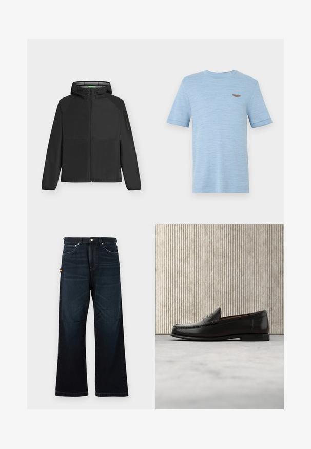 BOSS OW VISIT - Chaqueta fina - black; Camiseta azul claro de manga corta hecha de tela suave, con cuello redondo y un pequeño emblema marrón de ala en el pecho izquierdo.; Vaqueros rectos de color azul oscuro con diseño clásico de cinco bolsillos, trabillas para el cinturón y sutiles detalles desgastados en la parte frontal y las rodillas.; Mocasín penny de cuero negro con tacón bajo, punta redondeada y detalles cosidos en la parte delantera y los laterales, mostrado sobre un fondo neutro.