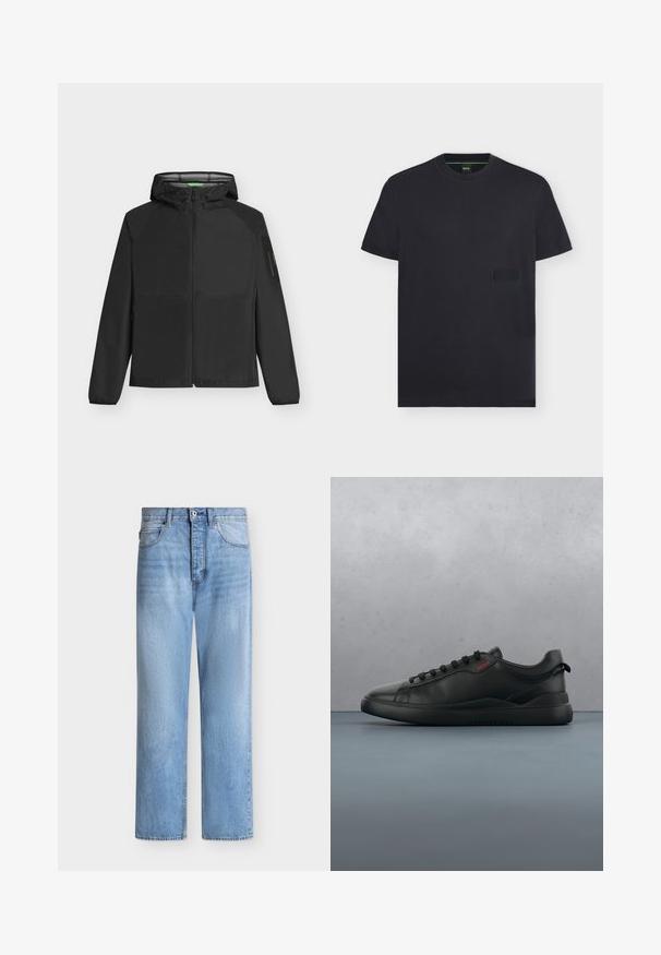 BOSS OW VISIT - Let jakke / Sommerjakker - black; Sort T-shirt med korte ærmer og rund halsudskæring med diskret præget logo ved brystlommens område og grøn detalje inde i kraven.; Lyseblå straight-leg denim jeans med knap- og lynlåslukning, for- og baglommer samt bæltestropper i taljen.; HUGO BLAKE - Sneakers - black