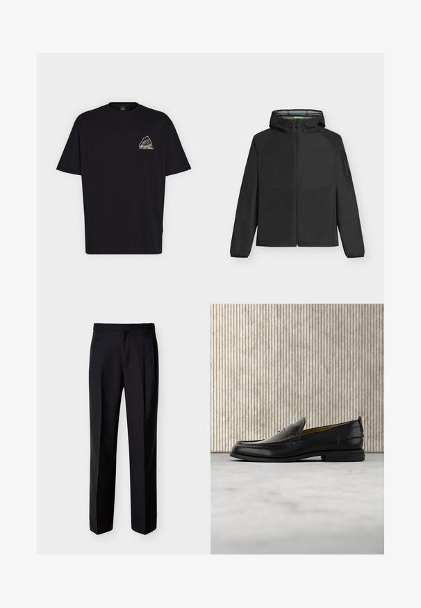 BOSS OW VISIT - Καλοκαιρινό μπουφάν - black; Μαύρο T-shirt με κοντά μανίκια, μικρό τρίγωνο λευκό και γκρι γραφικό και την επιγραφή "BOSS" στο αριστερό μέρος του στήθους.; Μαύρο παντελόνι με ίσια γραμμή, πιέτες στο μπροστινό μέρος και πλαϊνές τσέπες. Κατασκευασμένο από απαλό, ελαφρύ ύφασμα με μοτίβο μονής απόχρωσης.; Ανδρικό λουστρίνι loafer από μαύρο δέρμα με ανάγλυφη επιφάνεια κροκόδειλου και χαμηλό τακούνι, εμφανιζόμενο σε προφίλ σε ουδέτερο φόντο.