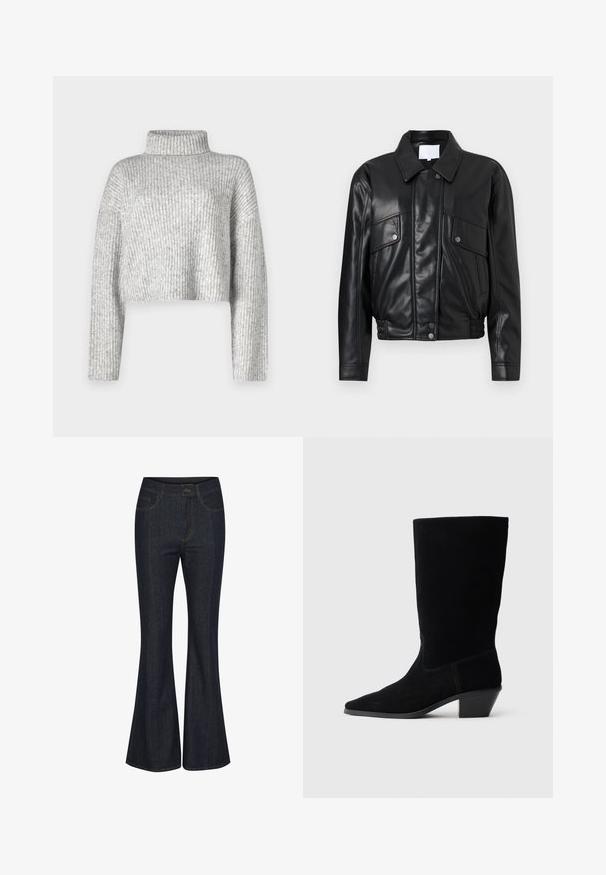 Sort læderjakke med krave, to brystlommer og en gathered talje. Glat tekstur med synlige syningsdetaljer.; Grå cropped sweater lavet af ribstrikket stof, der har en høj krave og lange ærmer, med en blød tekstur og subtil farvevariation.; Mørkeblå flagrende jeans lavet af denim. Har frontlommer, synlige sømme og en knaplukning i taljen. Glat tekstur.; Sort ruskind ankelstøvle med spidse tæer, mellemhøj skaft og en chunky hæl. Fuldender et minimalistisk design med lidt syninger og en glat tekstur.