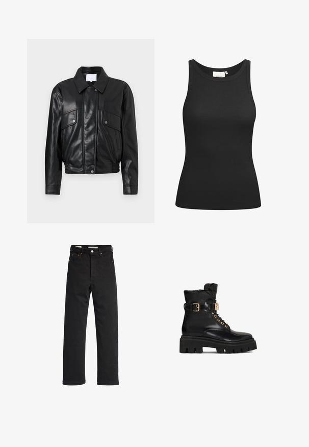 Sort læderjakke med krave, to brystlommer og en gathered talje. Glat tekstur med synlige syningsdetaljer.; Sort tanktop lavet af ribbet materiale, med en scooped halsudskæring og en tætsiddende form. Flade sømme og ingen udsmykninger. Enkel og strømlinet design.; Sorte denim jeans med lige ben, der har en høj talje, fem-lomme design, metal knaplukning og minimale syninger.; Sort læder ankelstøvle med polstret krave, guld hardware-accenter, tyk gummisål og detalje med spænde.