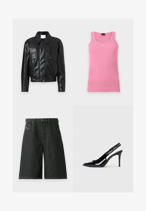 Veste en cuir noir avec un col, deux poches poitrine et une taille froncée. Texture lisse avec des détails de couture visibles.; Débardeur rose côtelé sans manches avec un col carré et un petit logo brodé blanc au centre de la poitrine.; Shorts en denim noir avec une coupe ample, avec une fermeture à bouton et à glissière à l'avant, des passants de ceinture et deux poches avant. Tissu texturé avec des détails de couture.; Escarpin noir en cuir verni avec un design à bout pointu,Featuring une section découpée et une sangle élastique embossée du nom de la marque.
