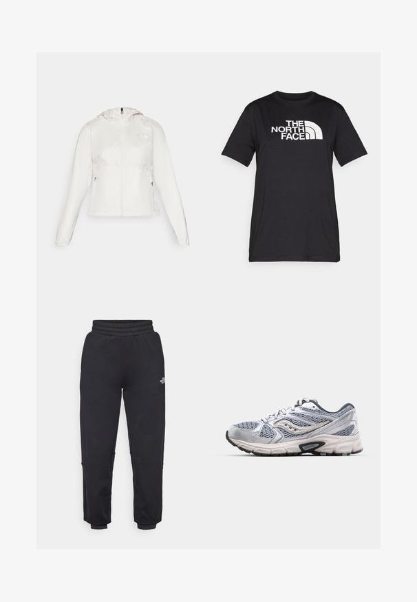 Hvid letvægtsjakke med lynlås foran, hætte og elastiske manchetter. Har lynlåslommer på siderne og et logo på venstre bryst.; Sort bomulds-T-shirt med en stor hvid "THE NORTH FACE"-logo over brystet og rund halsudskæring. Korte ærmer, afslappet pasform.; The North Face W MOUNTAIN ATHLETICS - Træningsbukser - black; Sølv løbesko med mesh-overdel, polstret sål og grå accenter. Har en rund tå og snørebåndsdesign. Branded logo synlig.