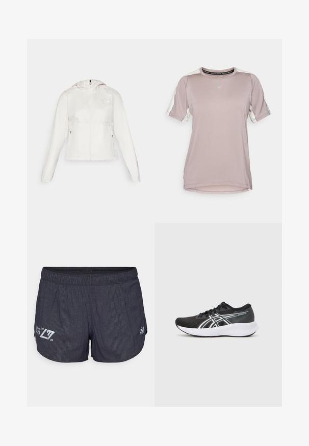 Hvid letvægtsjakke med lynlås foran, hætte og elastiske manchetter. Har lynlåslommer på siderne og et logo på venstre bryst.; ASICS FUJITRAIL ELITE TOP - Sports T-shirts - rainstorm grey/cream; Sorte atletikshorts med tekstureret mønster, elastisk taljebånd og sidesplitter. Indeholder logo i lysegrå på venstre ben.; Sorte atletiske sko med en tekstureret mesh-overdel, hvide accenter og en polstret hvid sål. Har et logo på siden og snørebånd.