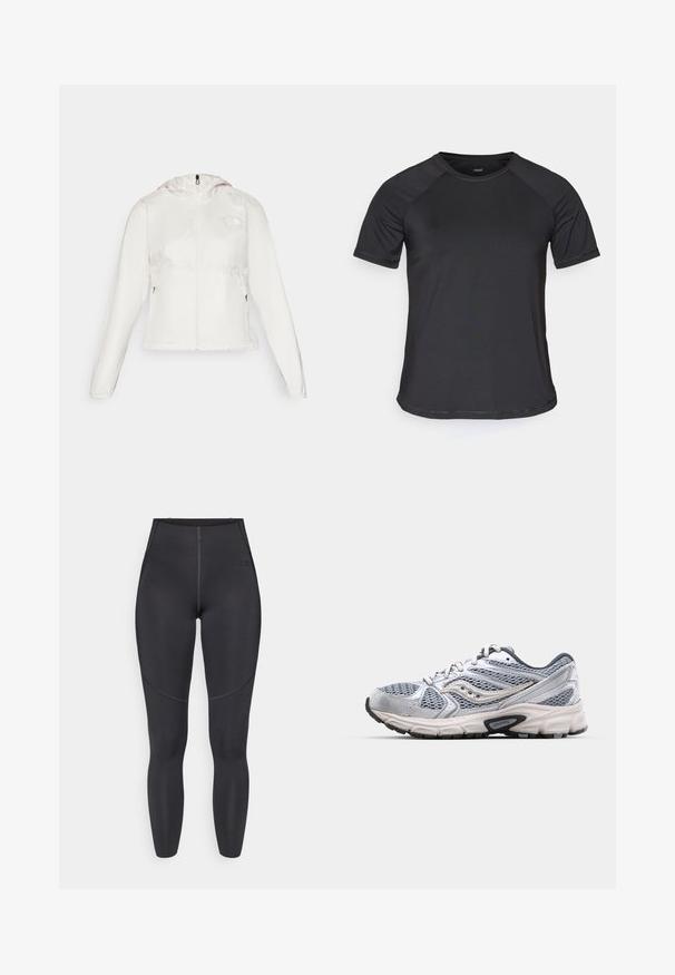 Veste légère blanche avec fermeture éclair sur le devant, capuche et poignets élastiques. Comprend des poches latérales zippées et un logo sur la poitrine gauche.; T-shirt de sport noir à manches courtes avec des manches raglan, texture lisse et col rond. Présente des coutures cousues et une coupe décontractée.; Leggings noirs taille haute en tissu extensible, dotés de coutures flatlock et d'une coupe ajustée, idéaux pour une utilisation en vêtements de sport.; Bottine de course argentée avec tige en mesh, semelle rembourrée et accents gris. Dotée d'un bout arrondi et d'un design à lacets. Logo de la marque visible.